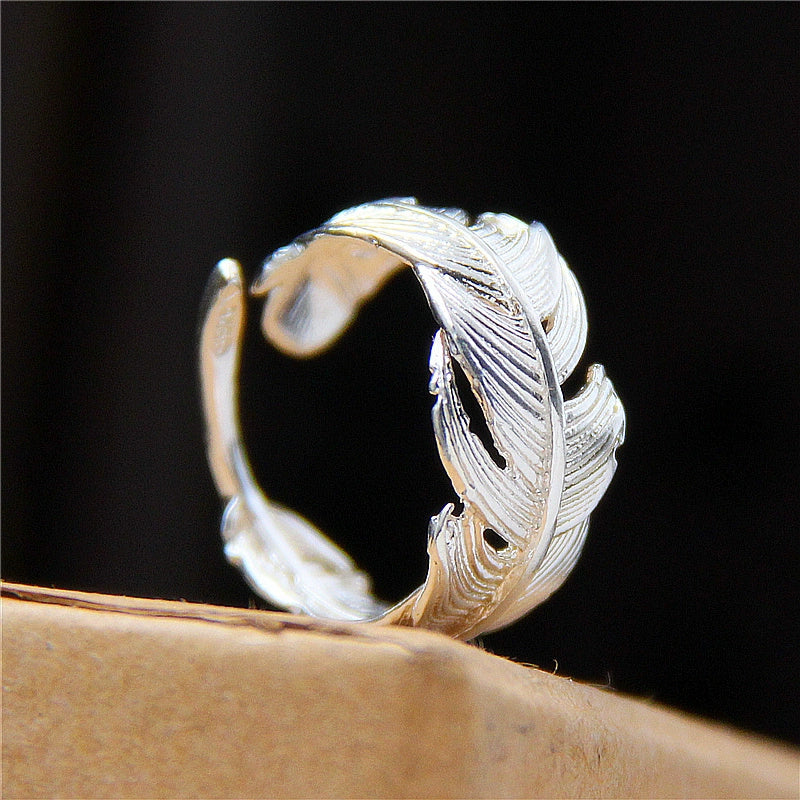 S925 Sterling Silver Handmade Adjustable Feather Ring – Open Band Couple Ring