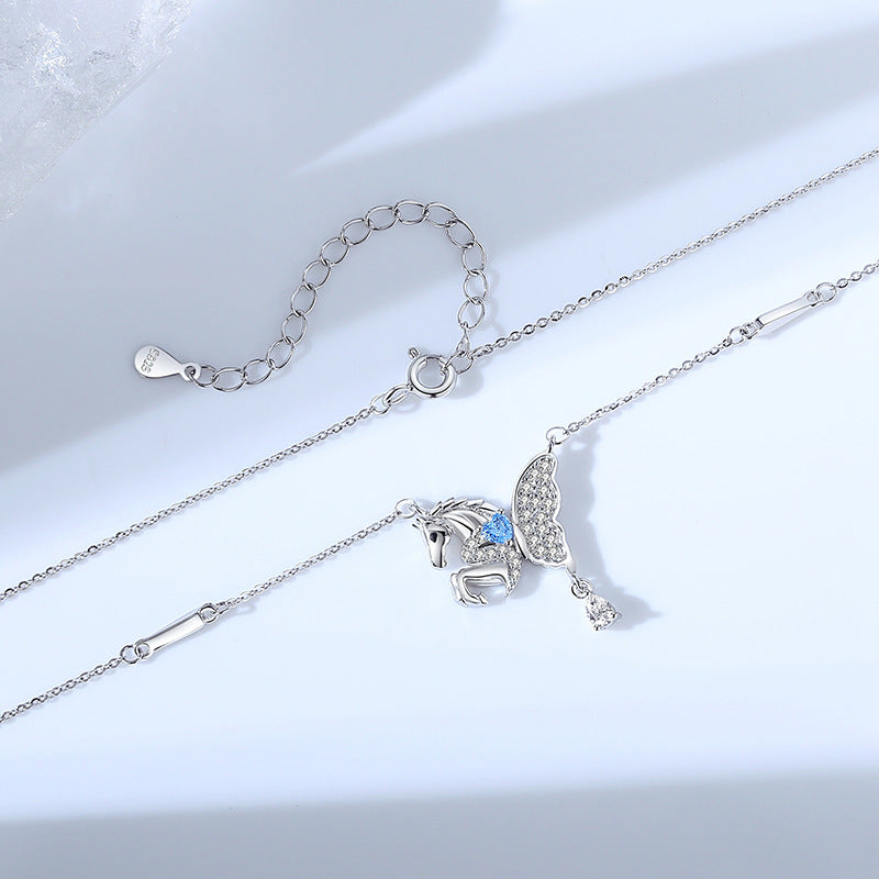 S925 Sterling Silver Butterfly Wing Flying Horse Necklace for Women – Year of the Horse Zodiac Jewelry