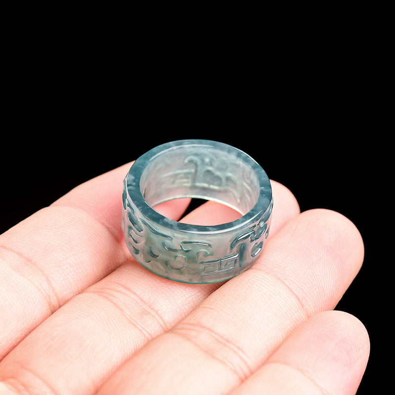 Natural A-Grade Blue Water Jadeite Taotie Ancient-Style Ring – Ice-Type Jade, Unisex Couple's Ring