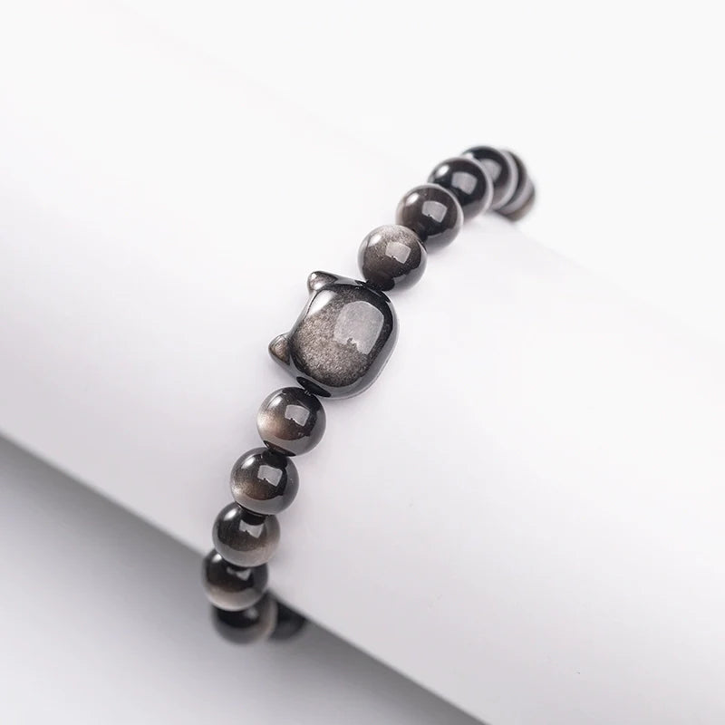 Natural Obsidian Cat Face Bead Bracelet – Natural Gold & Silver Obsidian, Dark Cat Style Jewelry