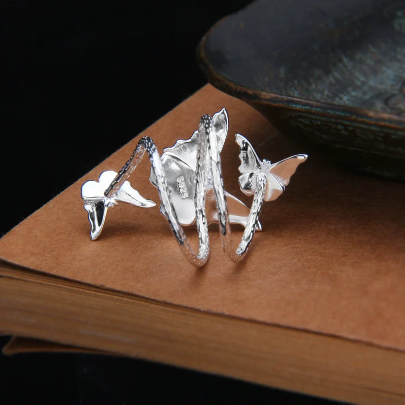 S925 Sterling Silver Adjustable Butterfly Wrap Ring for Women