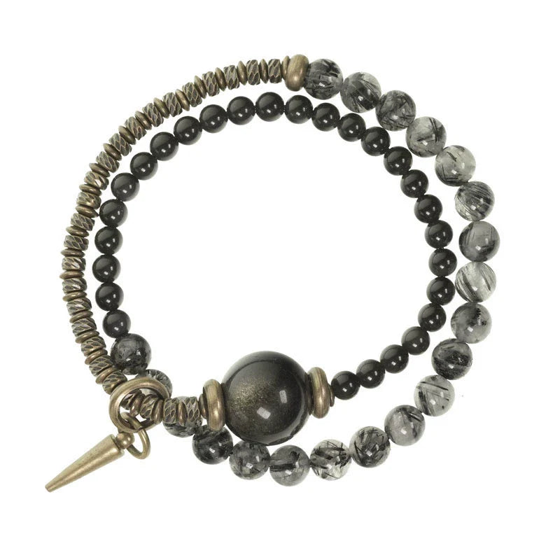 Obsidian & Black Rutilated Quartz Brass Bracelet for Protection & Focus