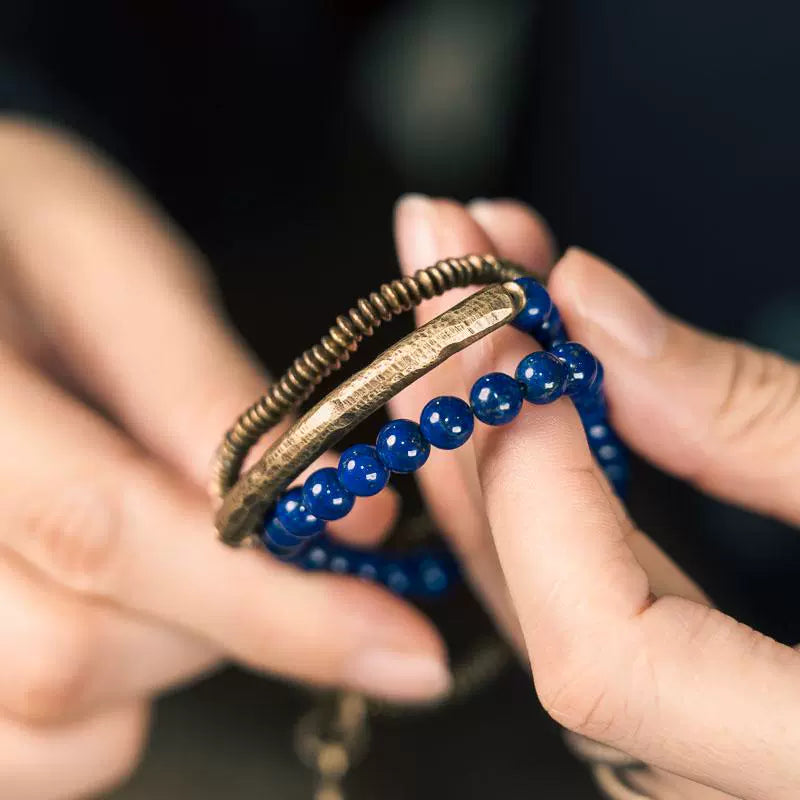 Lapis Lazuli Bracelet Tibetan Jewelry for Spiritual Balance with Brass Accents · Multi-Layer Wrap Strand