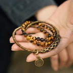 Vintage Multi-Layer Tiger Eye Beaded Bracelet Handmade Brass Accent Jewelry for Men & Women