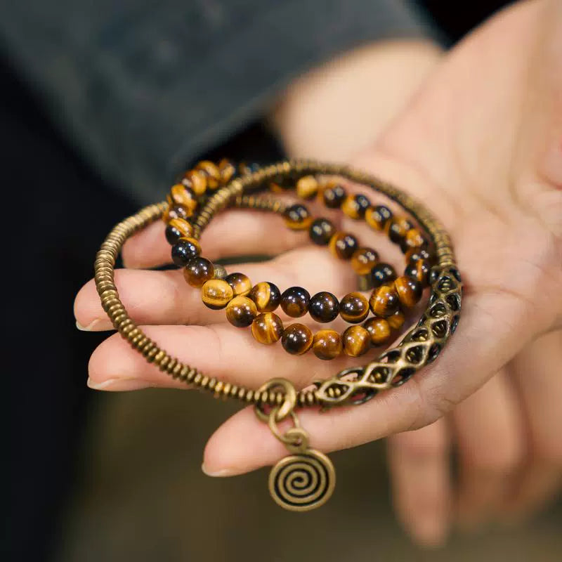 Vintage Multi-Layer Tiger Eye Beaded Bracelet Handmade Brass Accent Jewelry for Men & Women