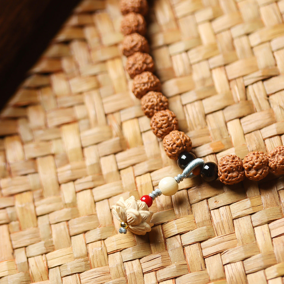 Original Form Small Rudraksha Double Wrap Bodhi Bracelet with Boxwood Carved Lotus Pendant
