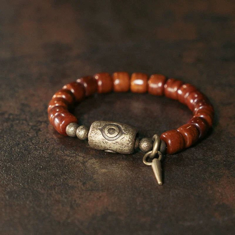 Tibetan Handmade Yak Bone Beaded Bracelet with Brass Dzi Beads and Vintage Brass Accents