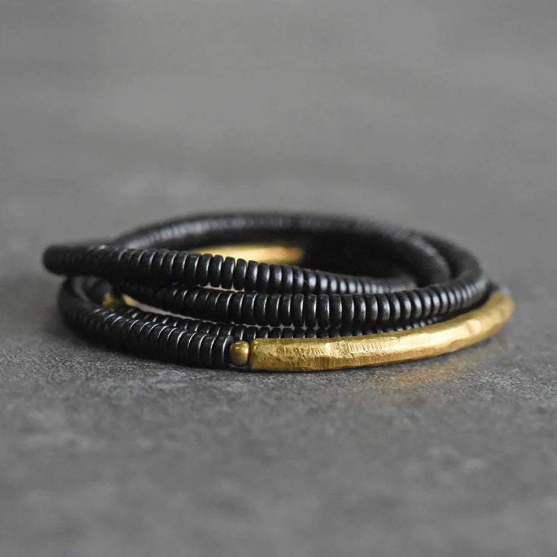 Ebony Wood & Brass Protection Bracelet – Multi-Layer Beads for Strength & Stability