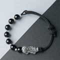 Natural Obsidian Hand-woven Boys Silver Pixiu Feng Shui Bracelet