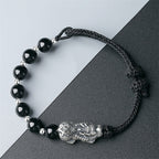 Natural Obsidian Hand-woven Boys Silver Pixiu Feng Shui Bracelet