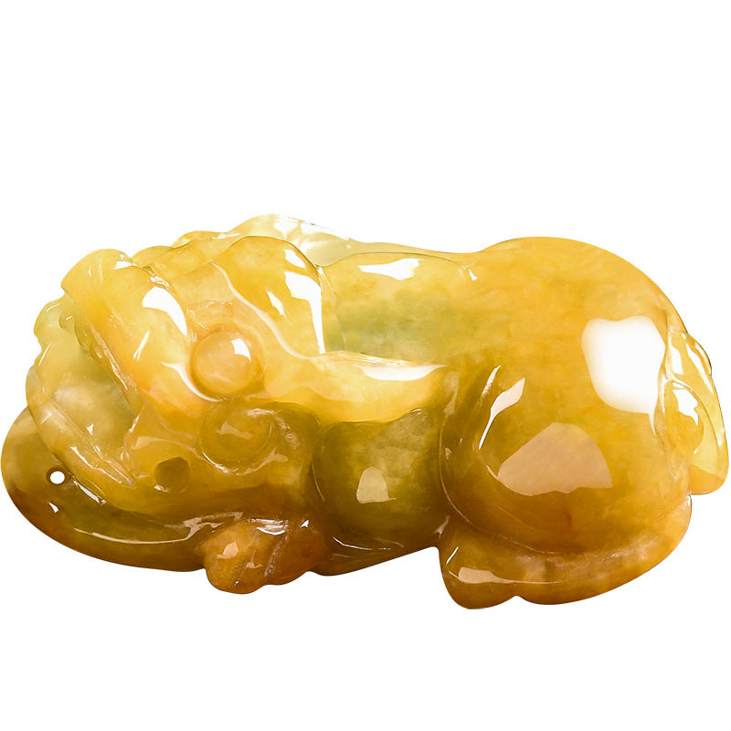 Natural Burmese A-Grade Jadeite Pixiu Pendant – Yellow-Tinted Jade, Protective Talisman