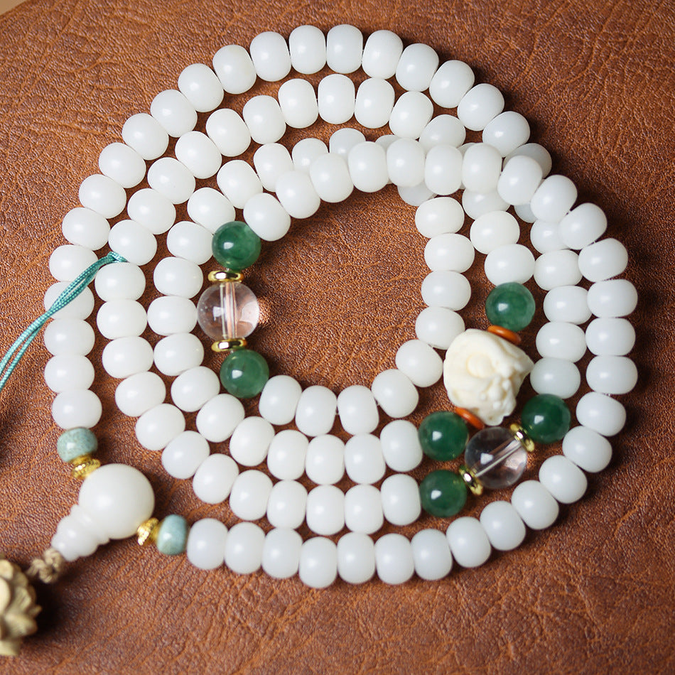 108 Mala Beads White Jade Bodhi Bracelet with Little Fox Pendant
