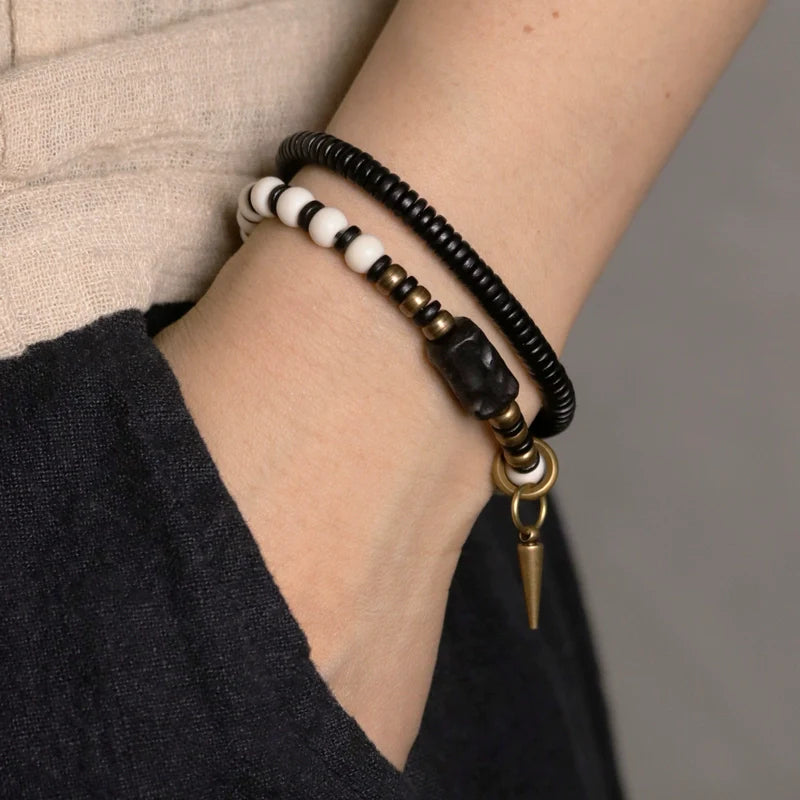 Tibetan Deer Bone and Ebony Beads Unisex Bracelet with Brass Accent