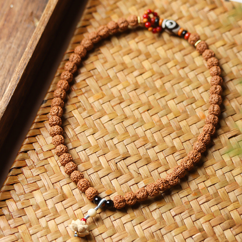 Original Form Small Rudraksha Double Wrap Bodhi Bracelet with Boxwood Carved Lotus Pendant