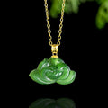 Authentic Hetian Green Jade Lotus Pendant for Women, 18K Gold Setting