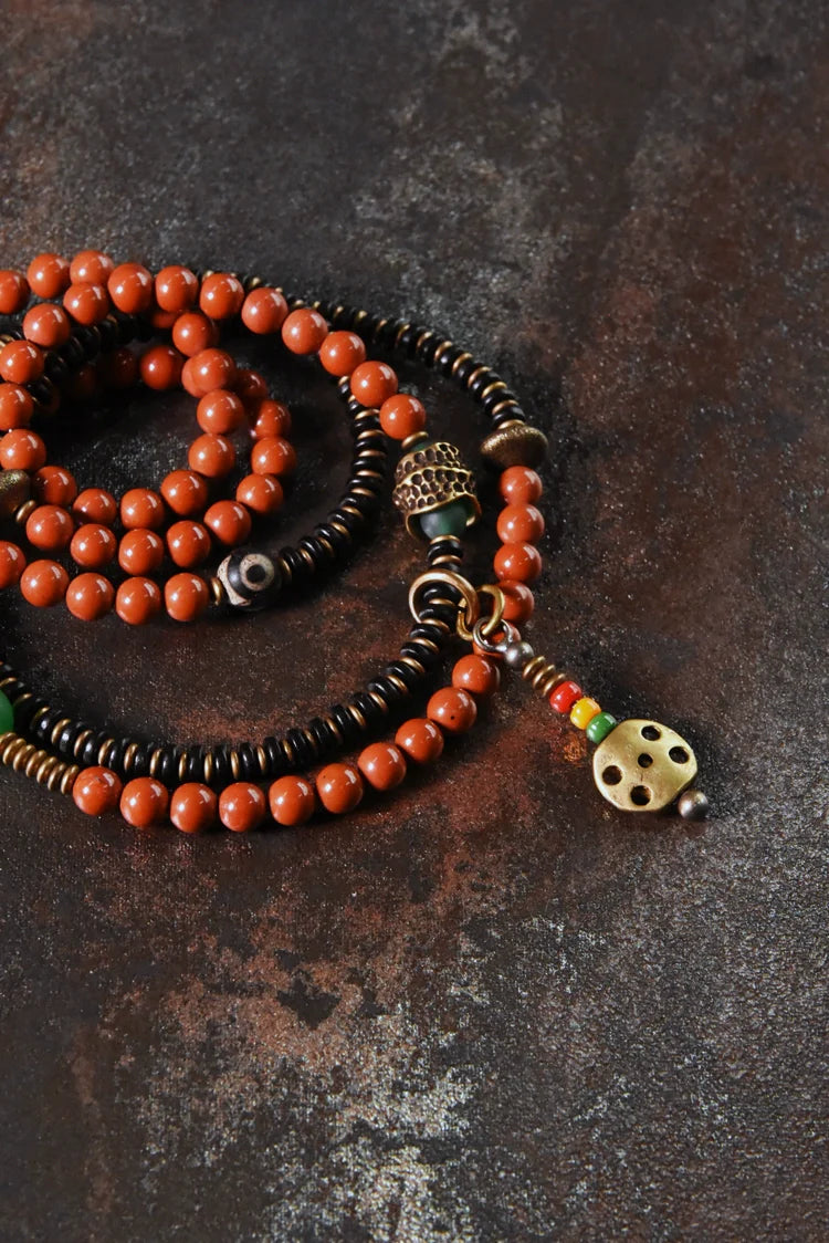 Vintage Wrap Bracelet · Red Agate, Ebony Wood & Brass · Multi-Layer Long Strand for Men and Women