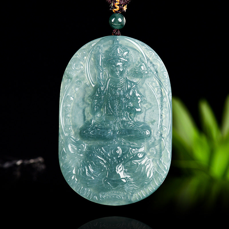 Natural Blue Water Jadeite Akasagarbha Bodhisattva Pendant – Zodiac Ox and Tiger Guardian Buddha