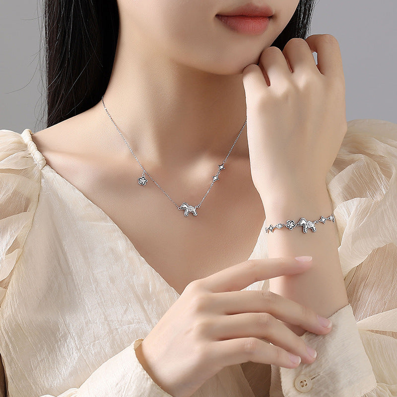 S925 Silver Horse Fortune Set, Necklace & Bracelet for Wealth & Luck Zodiac Jewelry