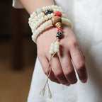 108 Mala Beads White Jade Bodhi Beads Bracelet with Boxwood Carved Heart Sutra Guru Bead