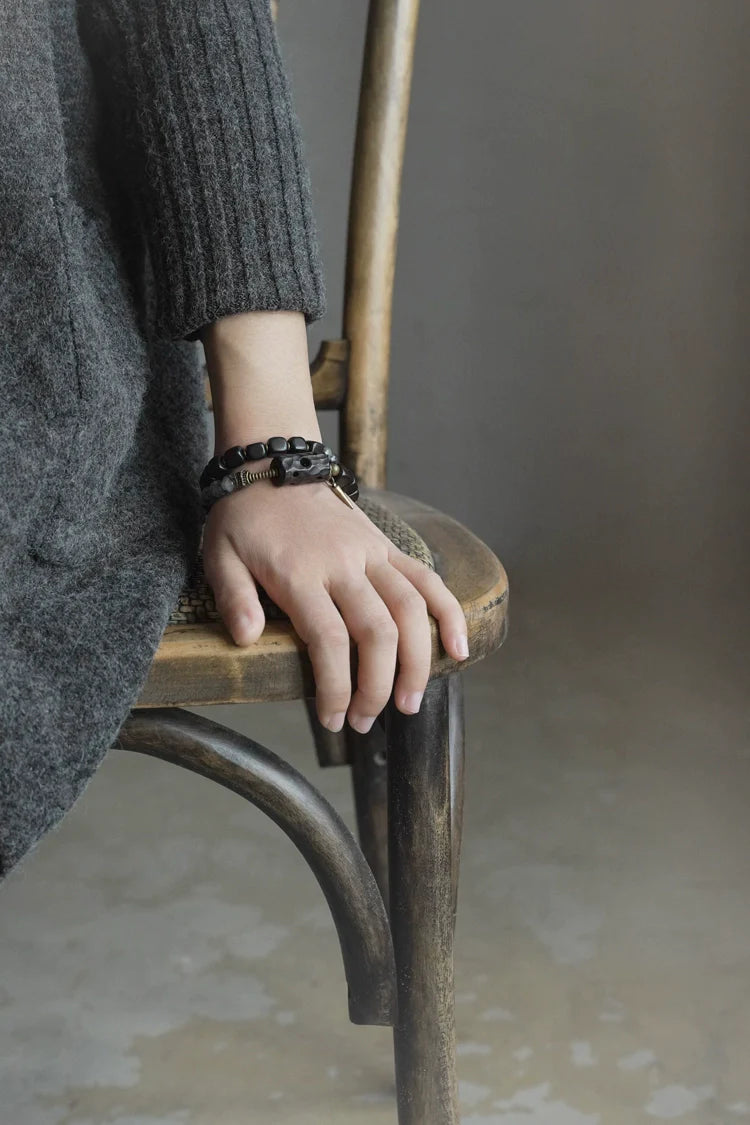 Double-Layer Black Rutilated Quartz & Ebony Wood Bracelet Men’s Vintage Protection Beads