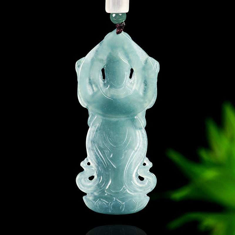 Natural Blue Water Jadeite Thousand-Armed Guanyin Pendant – Zodiac Rat Guardian Buddha