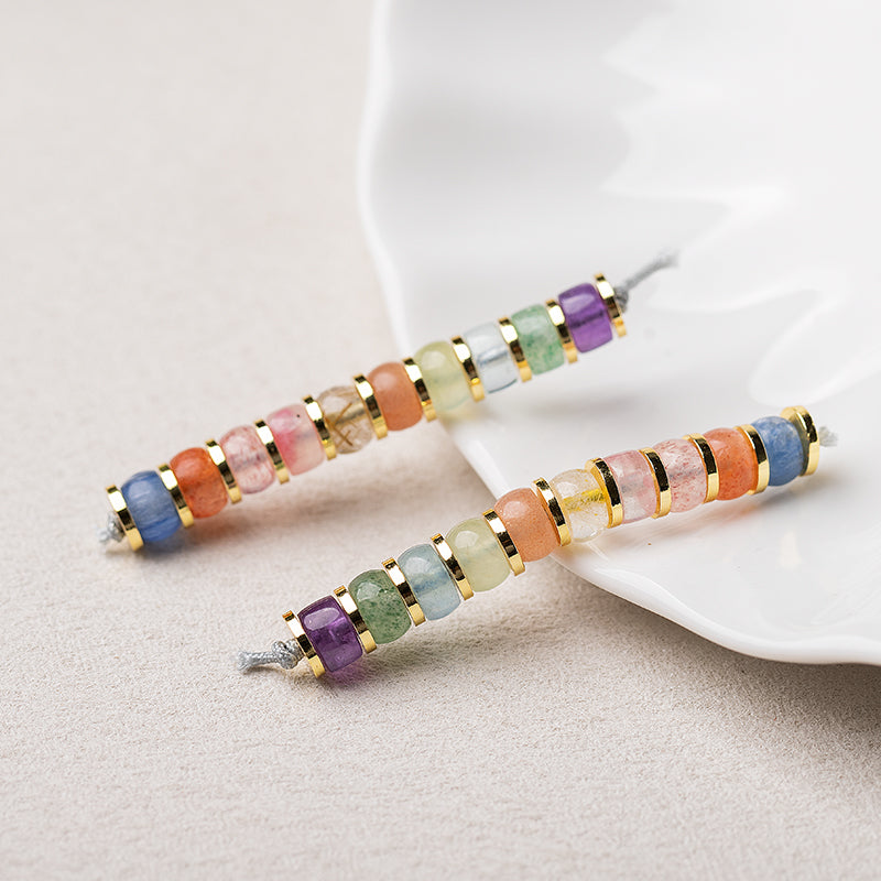 Natural Crystal Straight-Cut Rainbow Spacer Beads Bracelet with S925 Silver Gold-Plated Spacer