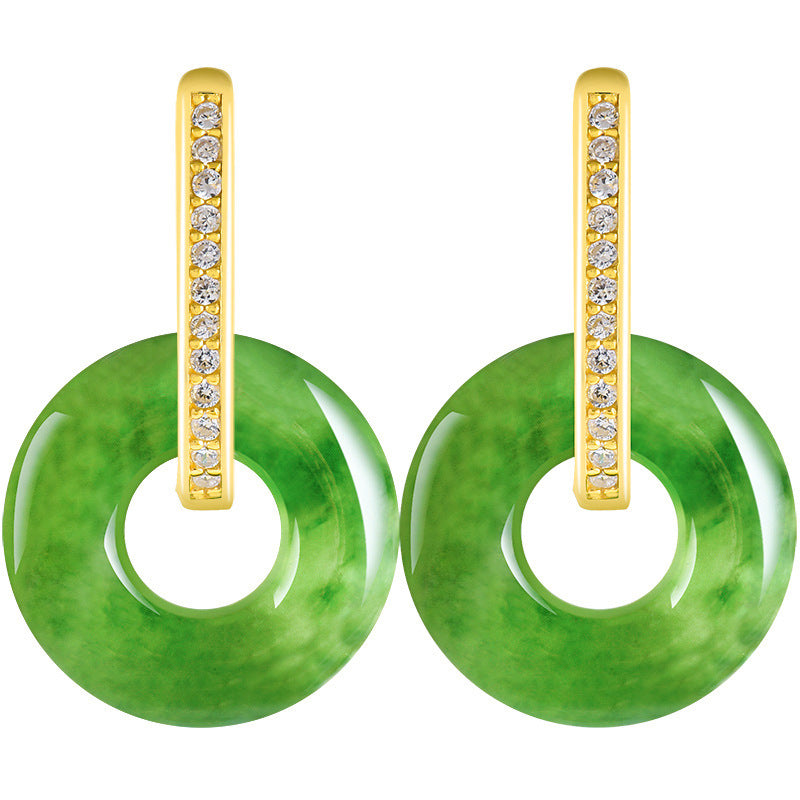 Natural Hetian Green Jade Peace Circle Earrings with S925 Silver Setting