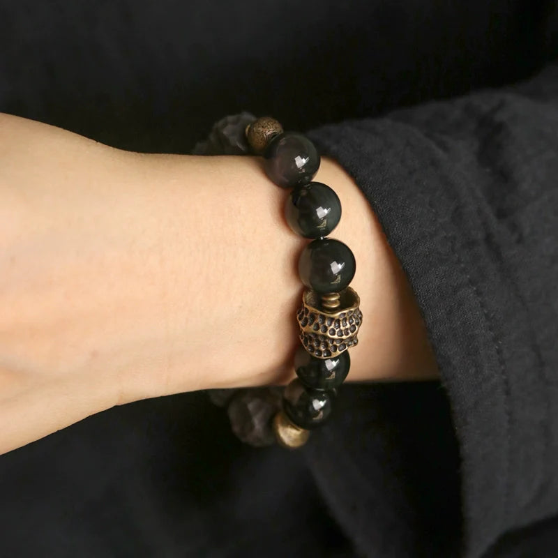 Tibetan Vintage Ebony Wood, Black Obsidian & Brass Bracelet – For Strength & Protection
