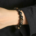 Tibetan Vintage Ebony Wood, Black Obsidian & Brass Bracelet – For Strength & Protection