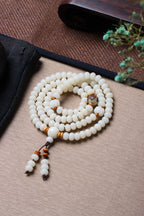 White Jade Bodhi 108 Mala Beads Bracelet with Hand-Carved Lotus Beads and Olive Pit Spacers