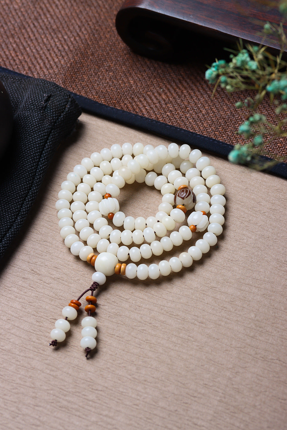 White Jade Bodhi 108 Mala Beads Bracelet with Hand-Carved Lotus Beads and Olive Pit Spacers