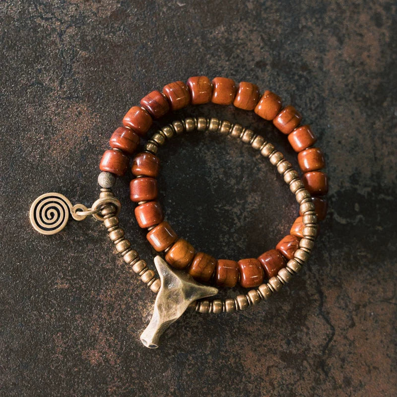 Tibetan Handmade Double-Wrap Yak Bone & Brass Bull Head Bracelet · Primal Strength, Sacred Grounding