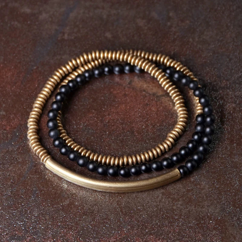 Tibetan Agate & Brass Multi-Layer Bracelet · Couple Jewelry for Grounding & Passion · 4 Colors Available