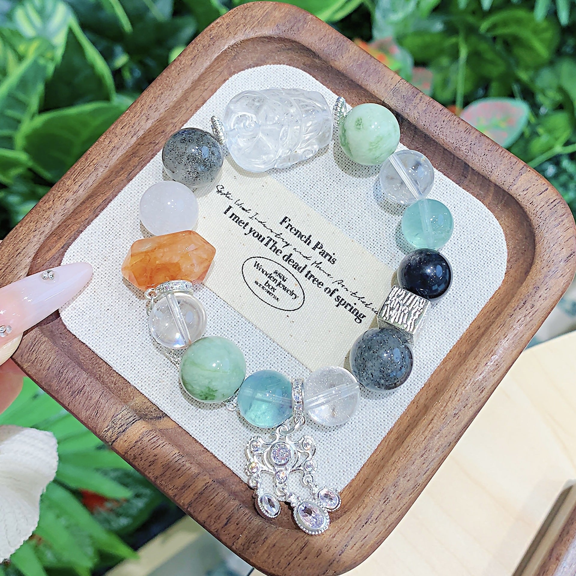 Custom Natural Xiuyan Jade Beaded Bracelet with White Crystal