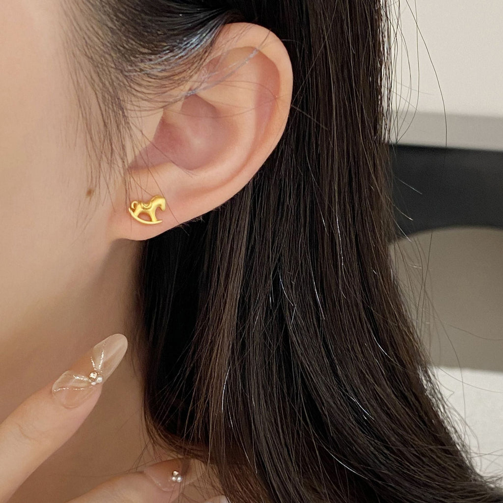 Women’s S925 Sterling Silver Asymmetric Wood Horse and Coin Stud Earrings – Year of the Horse