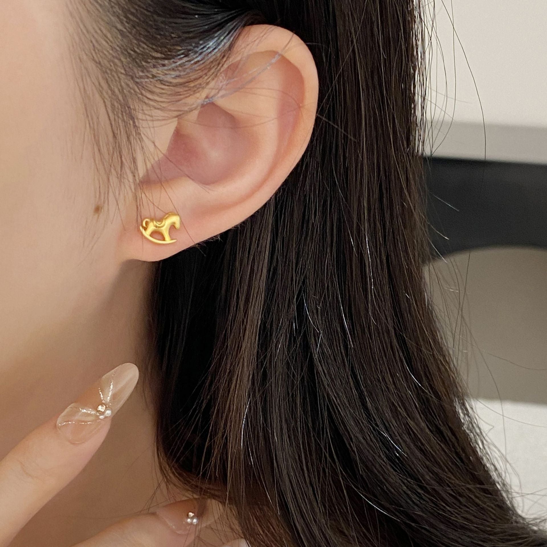 Women’s S925 Sterling Silver Asymmetric Wood Horse and Coin Stud Earrings – Year of the Horse