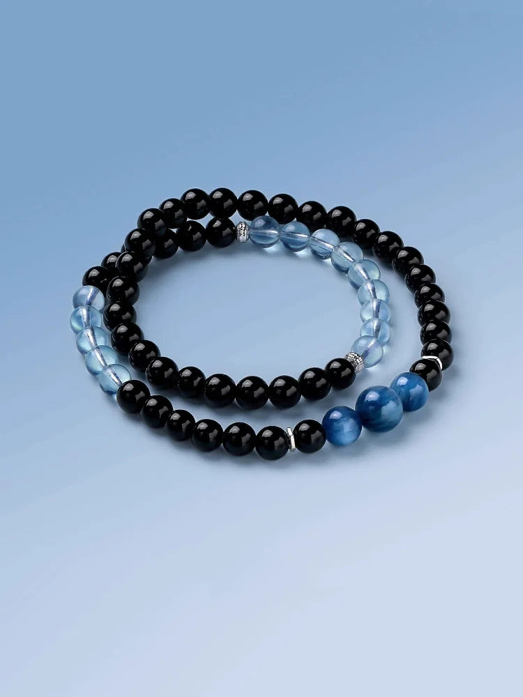 Obsidian & Aquamarine Double-Wrap Bracelet – New Year Fortune & Wealth Attraction Charm