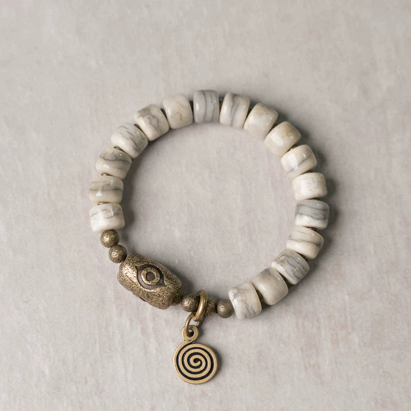 Tibetan Handmade Yak Bone & Brass Dzi Bracelet · Sacred Protection, Grounded Strength