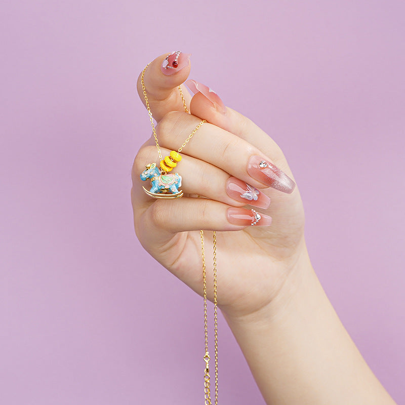 Wooden Horse Necklace for Women – S925 Silver Macaron Enamel Mini Horse Pendant Celebrating the Year of the Horse