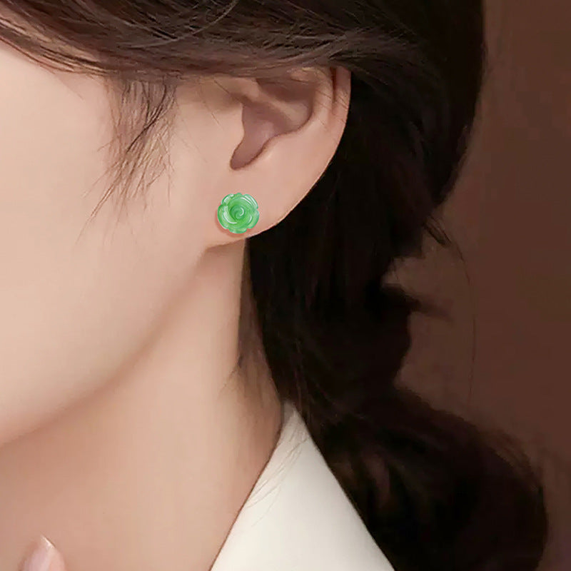 Women’s Aged Hetian Green Jade Rose Stud Earrings with S925 Silver Inlay