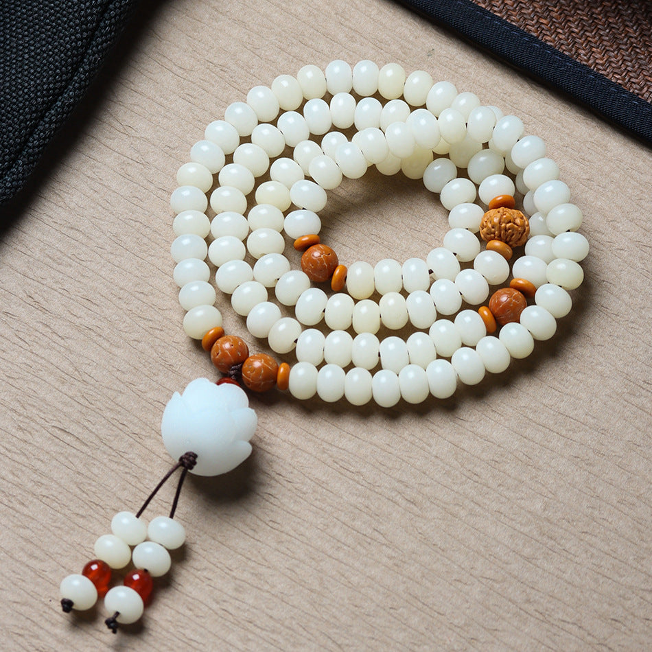 108 Mala Beads White Jade Bodhi Bracelet with Carved Lotus Pendant and Olive Pit Spacers