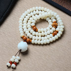 108 Mala Beads White Jade Bodhi Bracelet with Carved Lotus Pendant and Olive Pit Spacers