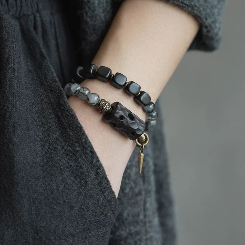 Double-Layer Black Rutilated Quartz & Ebony Wood Bracelet Men’s Vintage Protection Beads