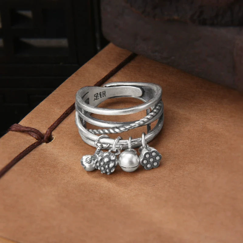S999 Pure Silver Vintage Multi-Layer Ring with Bell, Lotus Tassel Charms