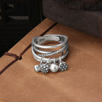 S999 Pure Silver Vintage Multi-Layer Ring with Bell, Lotus Tassel Charms