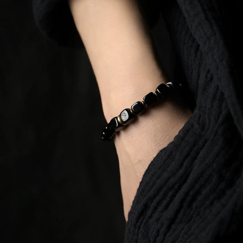 Obsidian & Brass Tibetan Vintage Couple Bracelet – Grounding & Protection