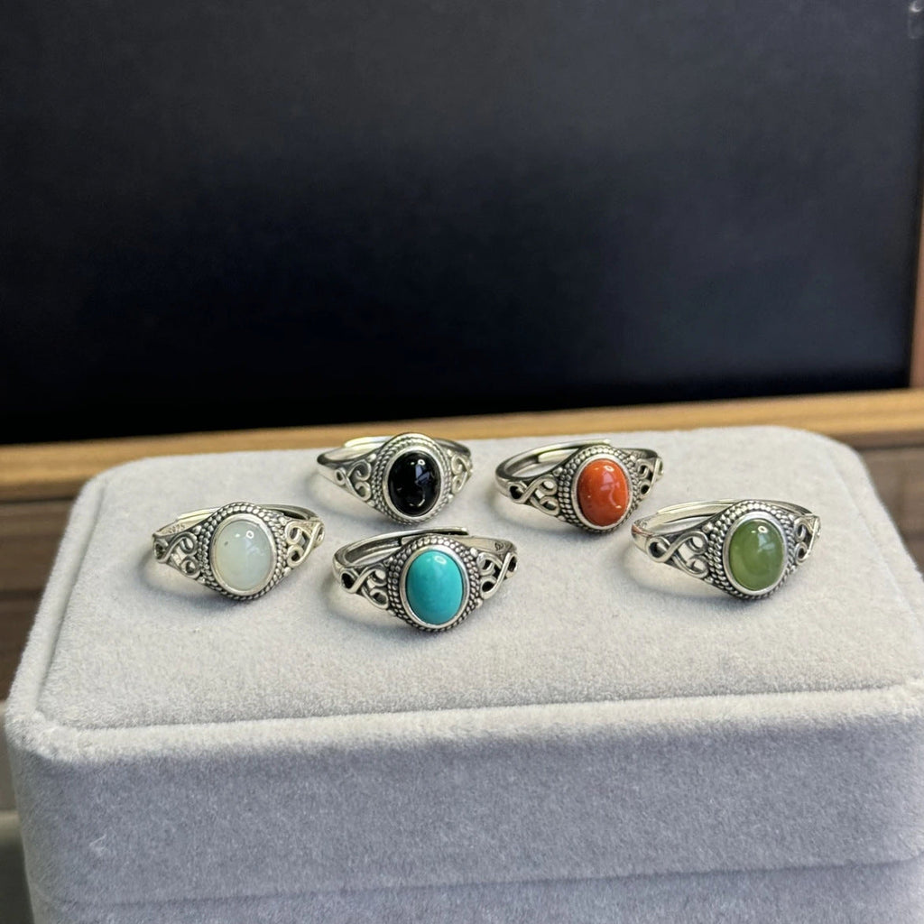 Vintage S925 Sterling Silver Ring with Agate & Turquoise – Adjustable Open Design for Women