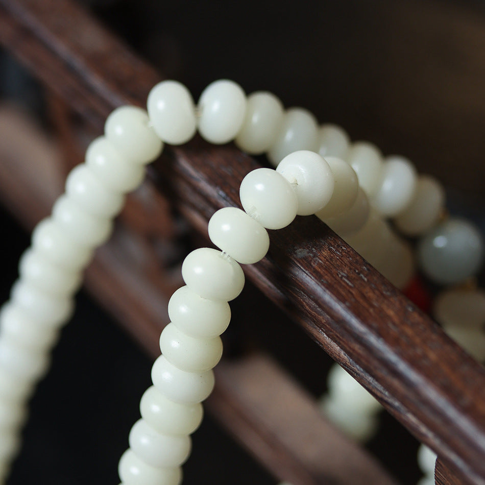 108 Mala Beads White Jade Bodhi Beads Bracelet with Boxwood Carved Heart Sutra Guru Bead