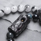 Double-Layer Black Rutilated Quartz Bracelet with White Crystal Pendant for Protection & Mental Clarity