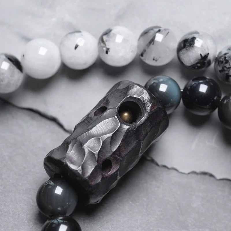 Double-Layer Black Rutilated Quartz Bracelet with White Crystal Pendant for Protection & Mental Clarity